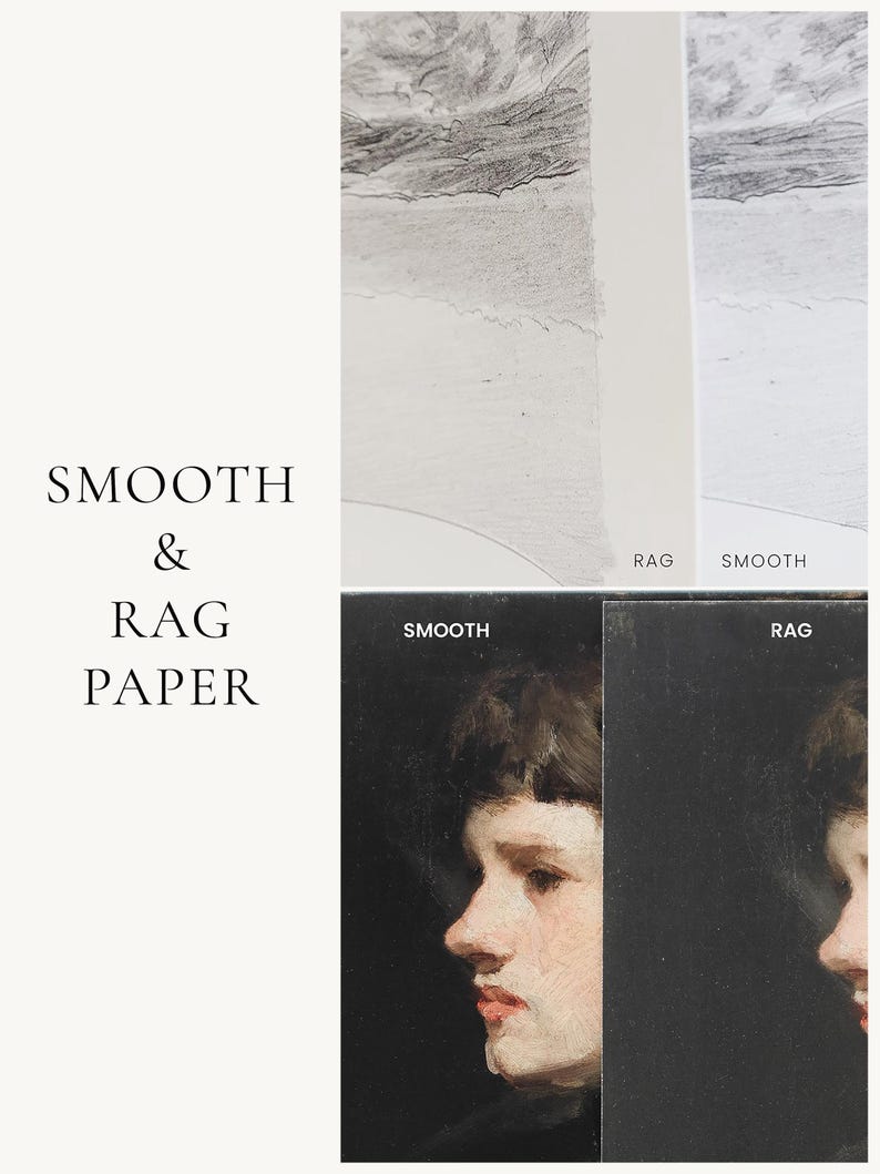 May include: A side-by-side comparison of two different types of paper: smooth and rag. The smooth paper is on the right and the rag paper is on the left. The smooth paper is white and the rag paper has a textured surface. The image shows a close-up of the paper texture.