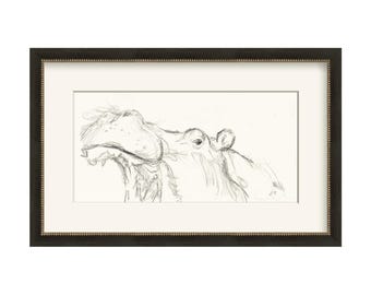 Croquis d'hippopotame, dessin animalier en noir et blanc, illustration vintage de la faune sauvage, décoration murale neutre pour chambre d'enfant, croquis au crayon encadré