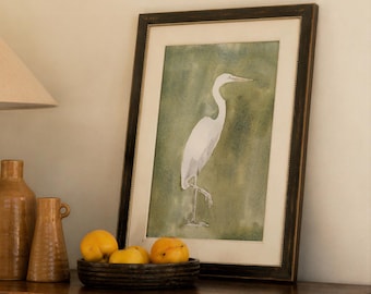 Estampe Grande Aigrette. Peinture d'oiseau à l'aquarelle, vert olive et blanc. Tableau encadré.