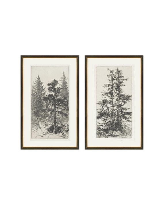 Set of 2 Trees Etchings. Vintage Trees Prints. Statement Art. Set of 2 wall art. Trees Drawings Set. Trees Wall Art. Long Artwork Prints