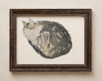 Étude de chat endormi. Aquarelle de chat. Décoration murale chat. Peinture de chat endormi.