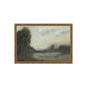 May include: A framed painting of a landscape with a dark green tree on the left side of the image. The background is a hazy blue and gray with a body of water in the middle of the image.