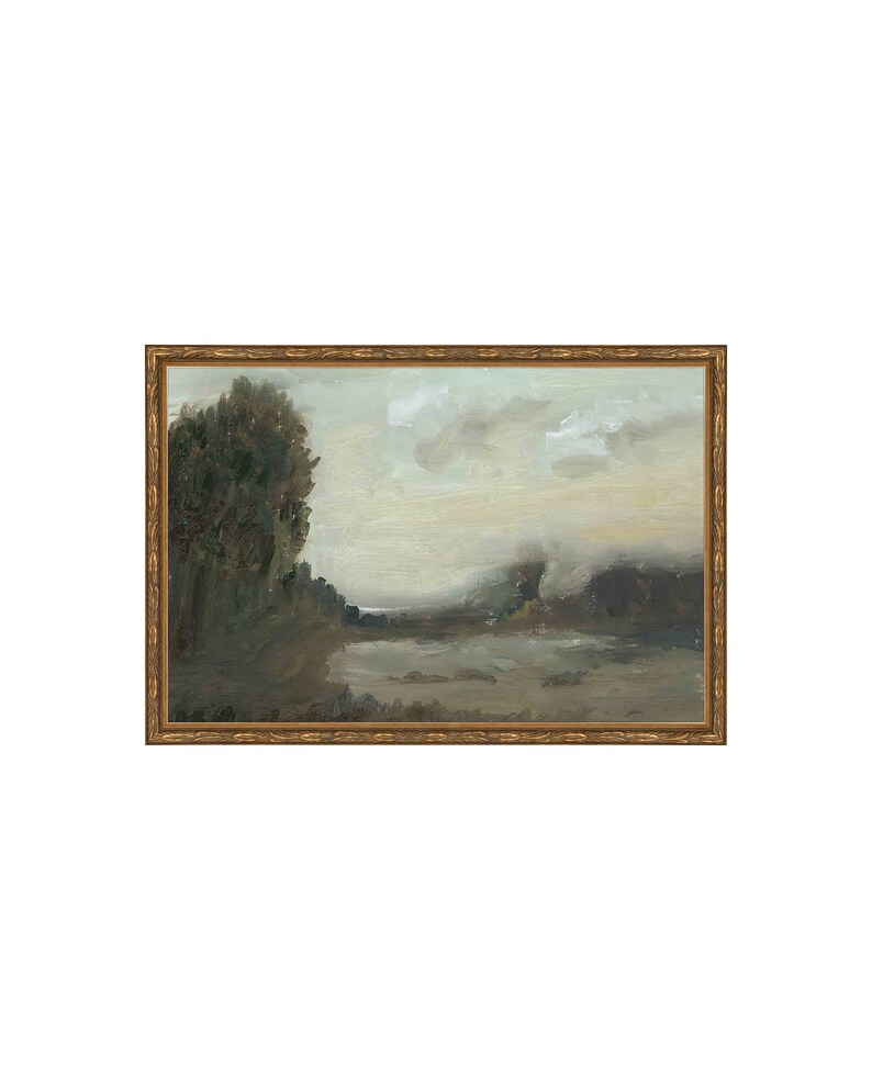 May include: A framed painting of a landscape with a dark green tree on the left side of the image. The background is a hazy blue and gray with a body of water in the middle of the image.