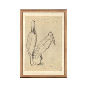 FRAMED. Bird Sketch. Bird Vintage Art Print. Vintage Bird Prints. Stork Wall Art. Framed Animal Sketch Print.