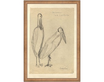 FRAMED. Bird Sketch. Bird Vintage Art Print. Vintage Bird Prints. Stork Wall Art. Framed Animal Sketch Print.