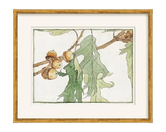 Illustration botanique de chêne et de gland, art mural nature vintage, peinture de branches vertes et brunes, décoration champêtre anglaise, œuvre d'art automnale