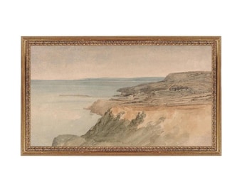 Cliff. Muted Tones Printed Art. Muted Landscape. Neutral Seascape Watercolor Painting Print. Watercolor Seascape. Vintage Landscape Print