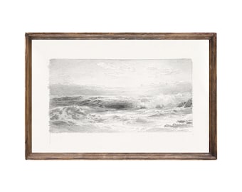 Seascape 3. Beach Wall Art Black and White. Charcoal Drawing Landscape. Seashore Sketch Landscape.