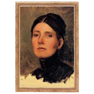 Puede incluir: Un retrato de mujer pintado al &oacute;leo y enmarcado. La mujer tiene el pelo oscuro y lleva un jersey de cuello alto negro. El fondo es de un verde apagado.