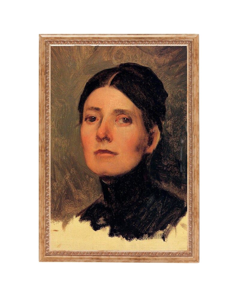 Puede incluir: Un retrato de mujer pintado al &oacute;leo y enmarcado. La mujer tiene el pelo oscuro y lleva un jersey de cuello alto negro. El fondo es de un verde apagado.