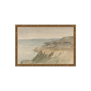 FRAMED. CLIFF. Muted Tones Art. Framed Seascape Watercolor Painting Art. Cliff Wall Art. Vintage Watercolor Painting. Seascape Watercolor.