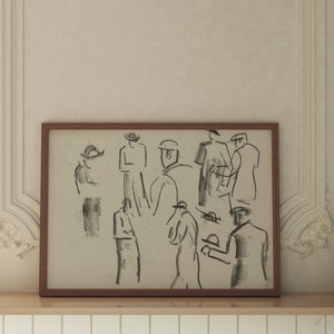 Op de afbeelding: Een ingelijste zwart-witte tekening van een groep mensen. De tekening is gemaakt in een losse, gestileerde stijl en toont mensen die hoeden en jassen dragen. De tekening is op een lichtbeige achtergrond.