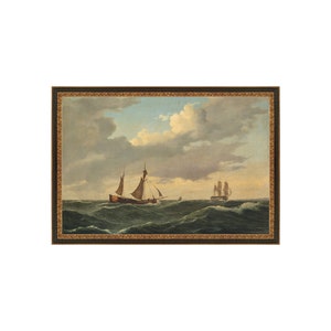 FRAMED. Sailboats Painting. Coastal Wall Art. Antique Seascape. Vintage Sailboats Oil Painting. Antique Beach Landscape.