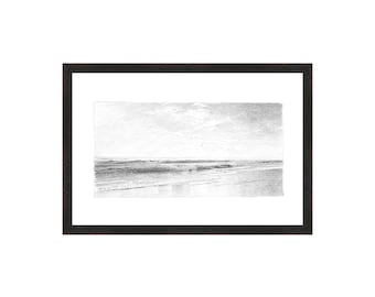 FRAMED. Seascape 6. Beach Sketch Art. Framed Charcoal Drawing Vintage. Framed Seascape Sketch Wall Decor.