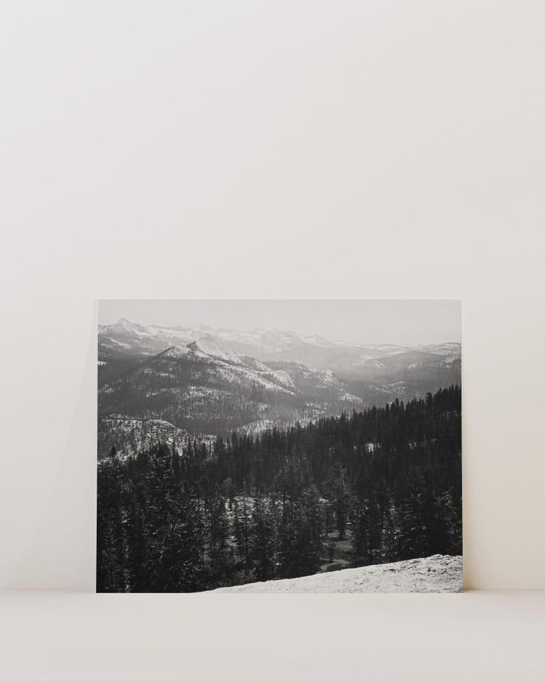 May include: A black and white photograph of a snowy mountain range with a forest in the foreground.
