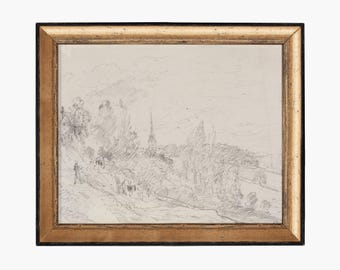 Promenade Drawing II. Scenery Sketch. Antique Landscape Scenery Drawing. Printed and Shipped Drawing. Muted Prints. Landscape Sketch Art