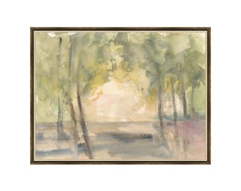 Paysage « Lumière à travers les arbres ». Aquarelle abstraite d'arbres aux tons doux. Paysage arboré à l'aquarelle.