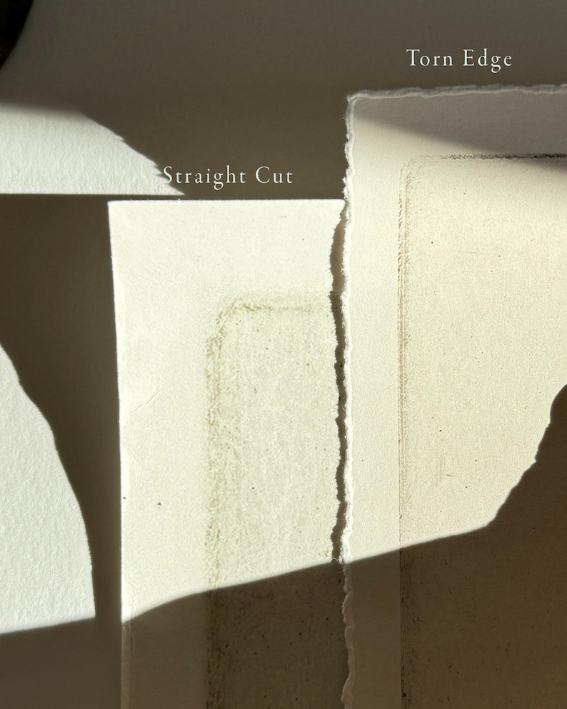 May include: Two pieces of paper, one with a straight edge and the other with a torn edge. The paper with the straight edge has the text "Straight Cut" printed on it. The paper with the torn edge has the text "Torn Edge" printed on it.