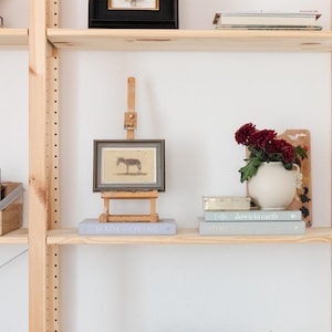 Puede incluir: Una estanter&iacute;a de madera con una variedad de art&iacute;culos, incluyendo libros, una imagen enmarcada de un burro, un jarr&oacute;n de flores rojas y un peque&ntilde;o caballete. La estanter&iacute;a est&aacute; hecha de madera clara y tiene un fondo blanco.
