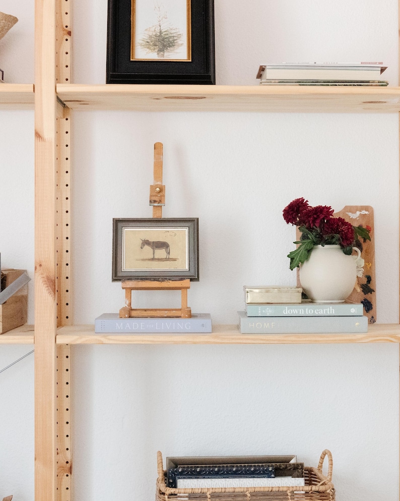 Puede incluir: Una estanter&iacute;a de madera con una variedad de art&iacute;culos, incluyendo libros, una imagen enmarcada de un burro, un jarr&oacute;n de flores rojas y un peque&ntilde;o caballete. La estanter&iacute;a est&aacute; hecha de madera clara y tiene un fondo blanco.