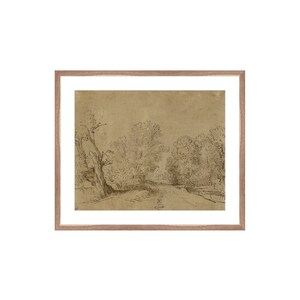 May include: A black and white pen and ink drawing of a road leading through a forest. The road is lined with trees on either side, and the sky is visible in the distance.