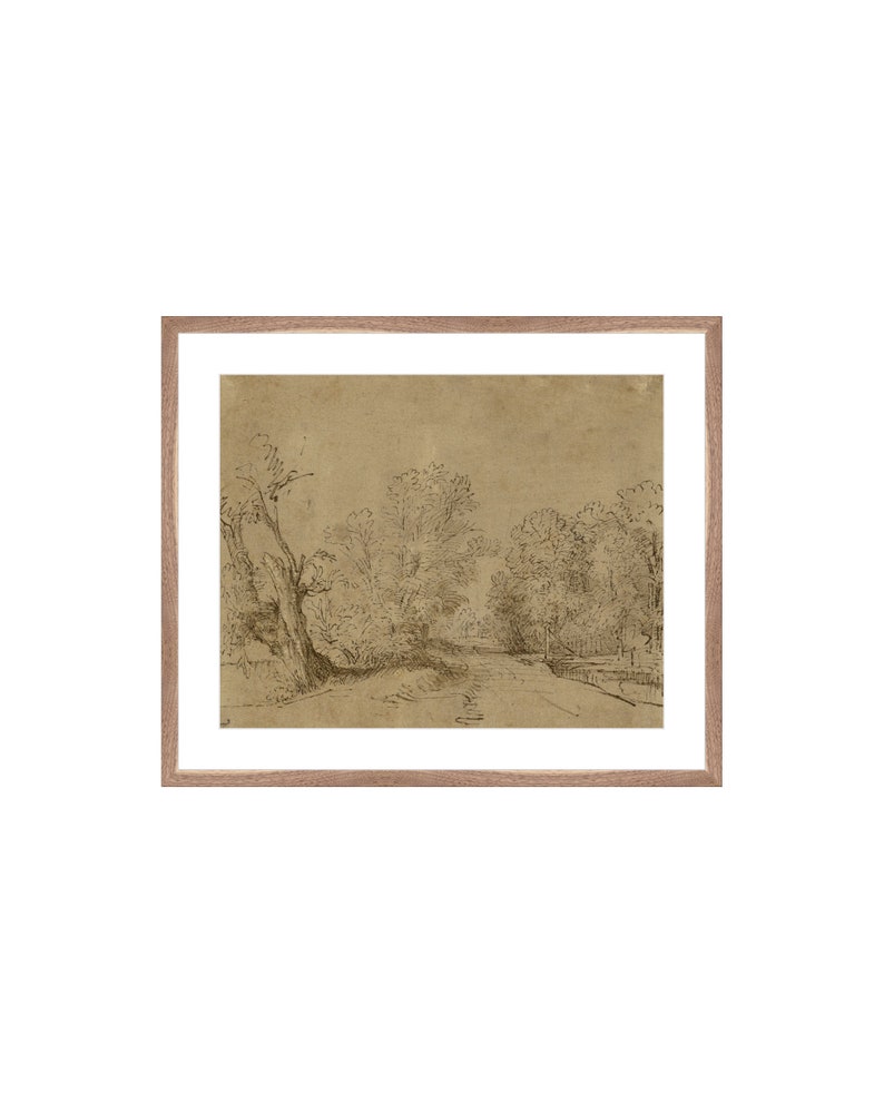 May include: A black and white pen and ink drawing of a road leading through a forest. The road is lined with trees on either side, and the sky is visible in the distance.