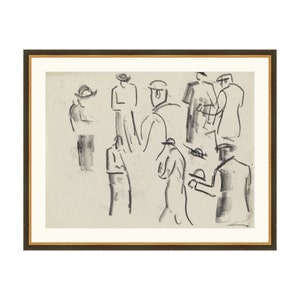 Op de afbeelding: Een zwart-wit schets van een groep mensen met hoeden. De schets is gemaakt in een losse, gestileerde stijl, en de figuren worden in verschillende poses afgebeeld.