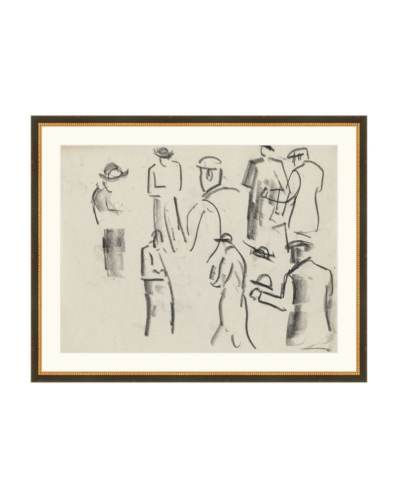 Op de afbeelding: Een zwart-wit schets van een groep mensen met hoeden. De schets is gemaakt in een losse, gestileerde stijl, en de figuren worden in verschillende poses afgebeeld.