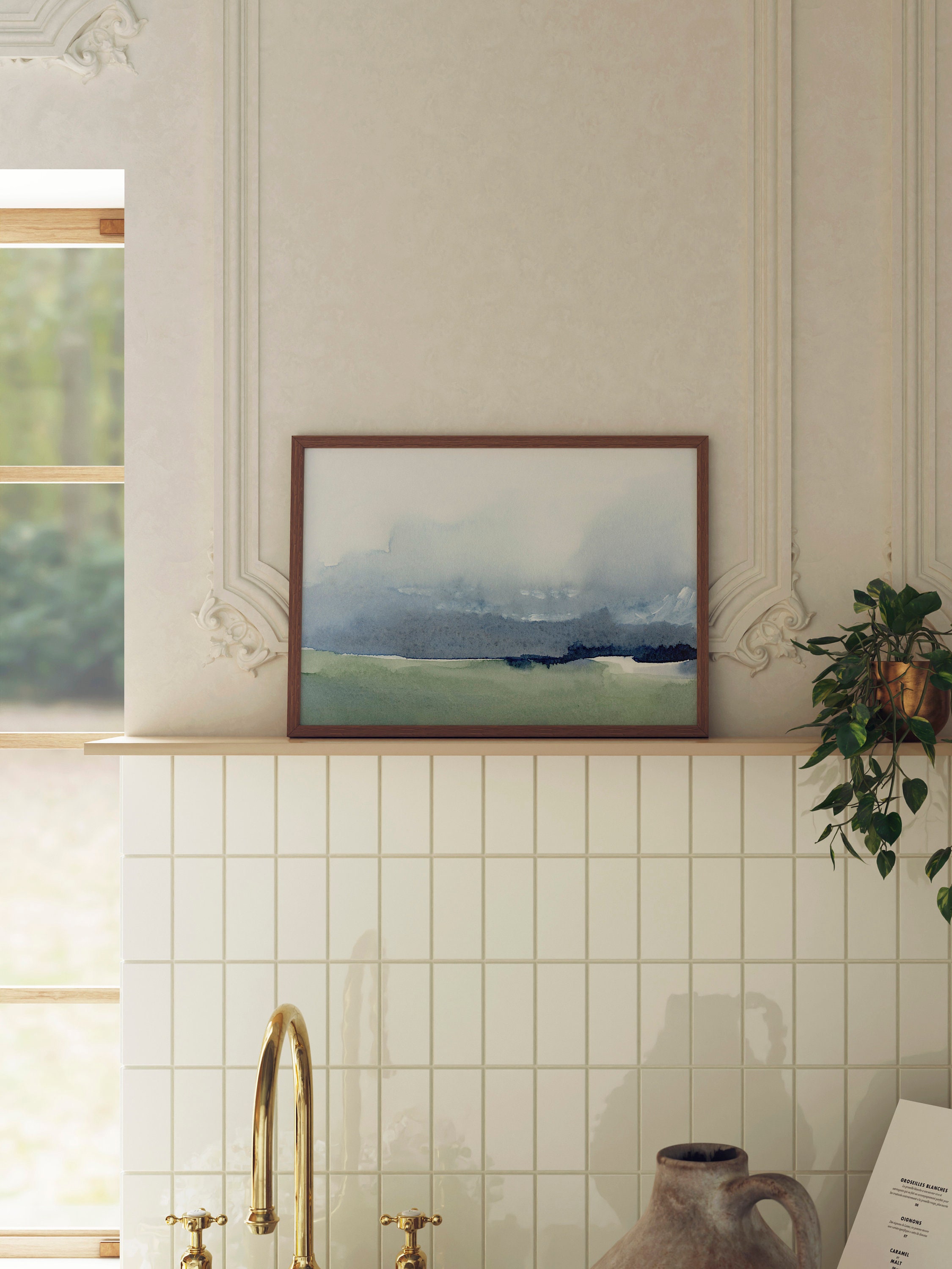 Blue and Green Landscape Watercolor Printed. Abstract Modern Watercolor ...
