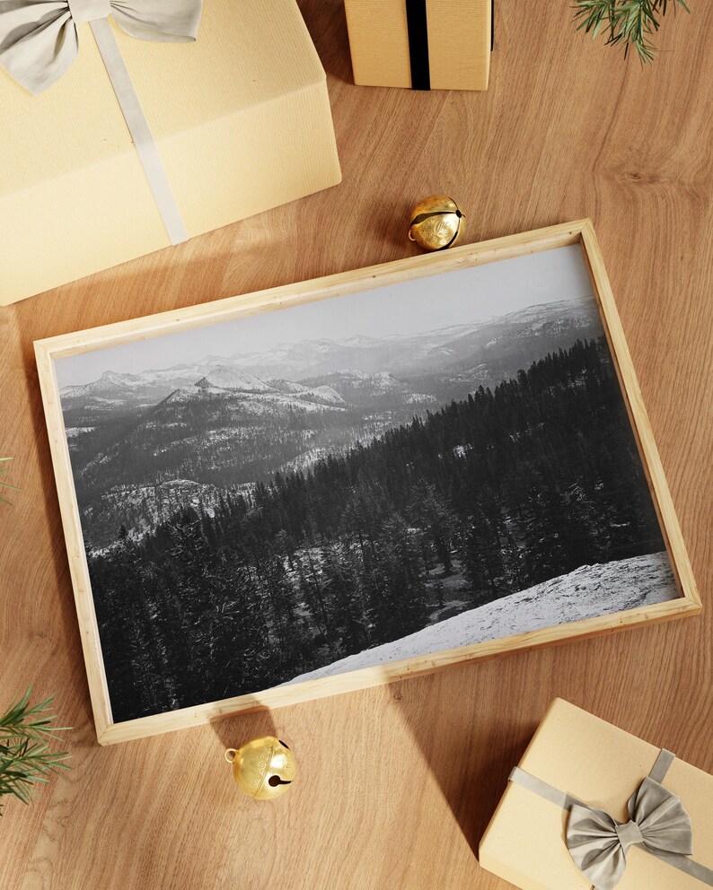 May include: A framed black and white photograph of a snowy mountain range with a forest in the foreground. The frame is made of light wood and is sitting on a wooden surface.