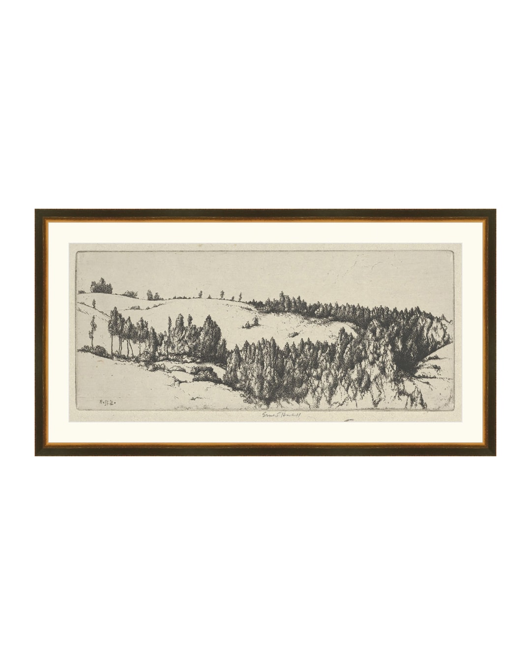 Hills Etching. Landscape Drawing. Vintage Landscape Wall Art. Landscape