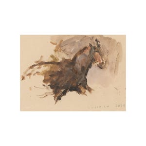 May include: A watercolour painting of a brown horse's head and neck. The horse is facing to the right and the background is a light brown colour. The artist's signature, "LUCIA CH 2024", is in the bottom right corner.