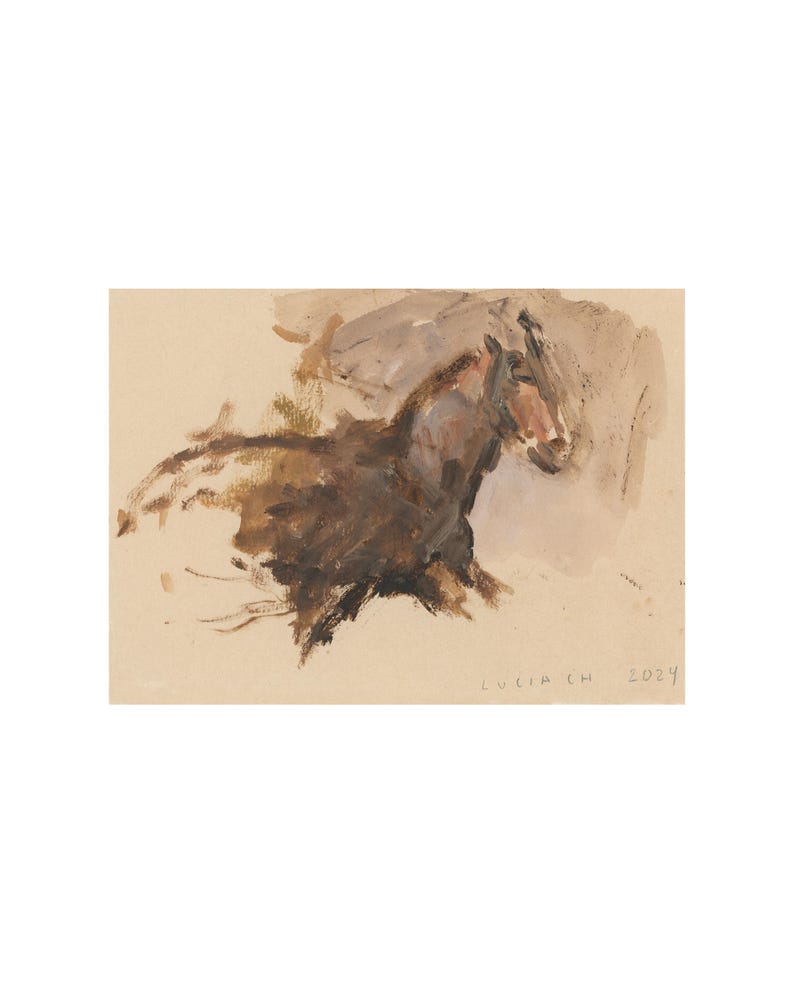 May include: A watercolour painting of a brown horse's head and neck. The horse is facing to the right and the background is a light brown colour. The artist's signature, "LUCIA CH 2024", is in the bottom right corner.