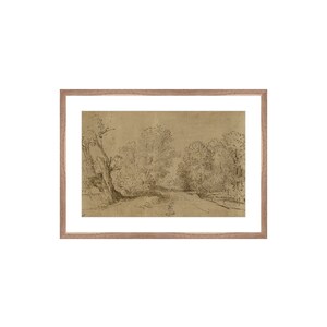 May include: A black and white pencil drawing of a path through a forest. The path is lined with trees on either side, and the trees are drawn in a detailed and realistic style.