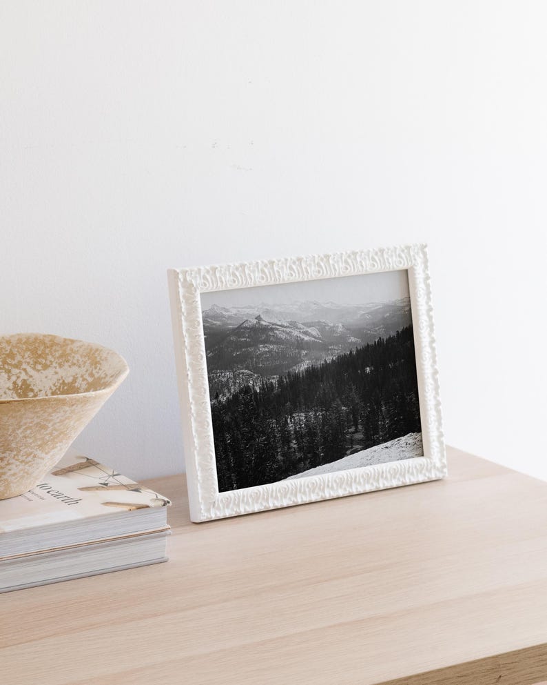 May include: A white picture frame with a black and white photograph of a mountain range. The frame has a decorative, textured border.