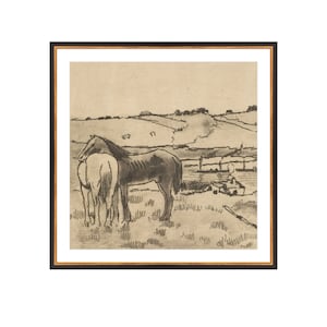 Könnte beinhalten: Eine Schwarzweißzeichnung von zwei Pferden, die auf einem Feld stehen. Die Pferde stehen sich gegenüber und sind in einer entspannten Pose. Die Zeichnung ist in einem braunen Rahmen gerahmt.