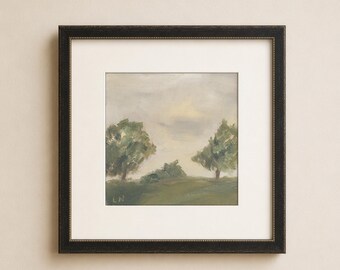 Estampe d'art représentant un paysage champêtre aux teintes pastel vertes et mélancoliques. Champs ouverts I