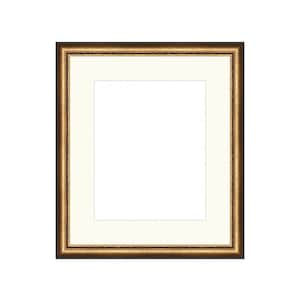 Puede incluir: Un marco de fotos dorado con un paspart&uacute; blanco. El marco tiene un dise&ntilde;o decorativo y ornamentado.