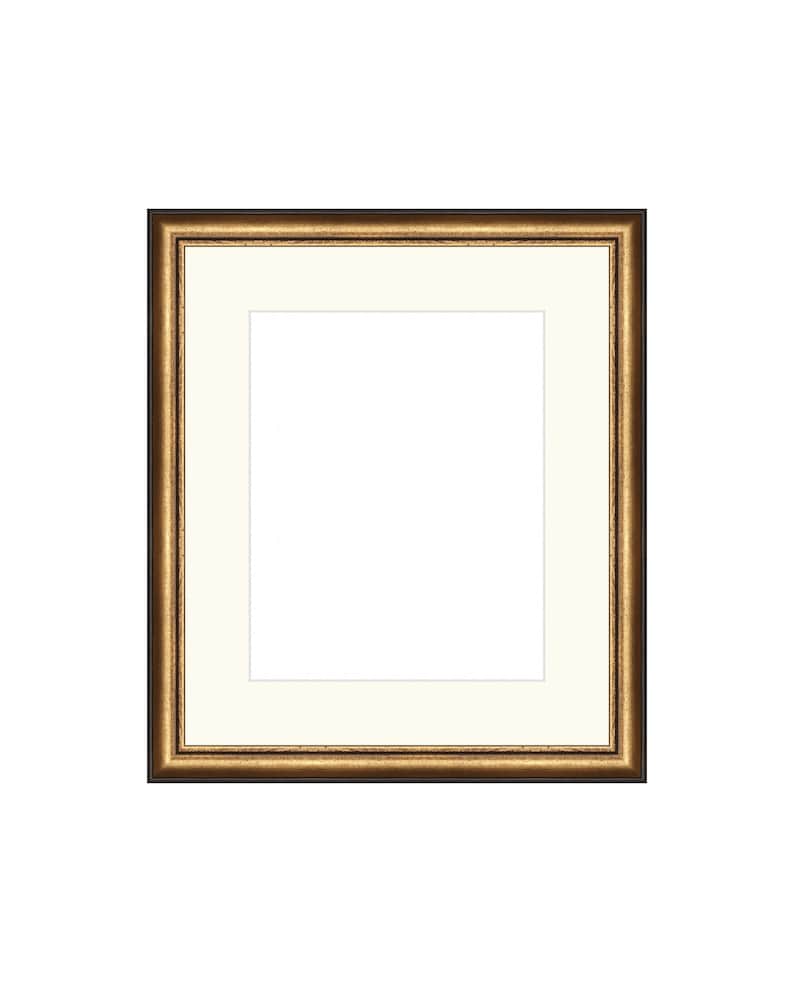 Puede incluir: Un marco de fotos dorado con un paspart&uacute; blanco. El marco tiene un dise&ntilde;o decorativo y ornamentado.