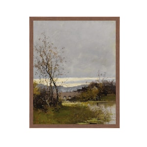 River Scenery. River Landscape Painting. River Painting. Oil Painting Landscape.Moody Painting Vintage.Cloudy Landscape Art.Antique Etching.