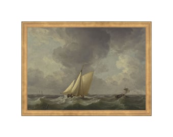 May include: A painting of a sailboat with white sails on a choppy sea with a cloudy sky. A smaller boat is in the distance.