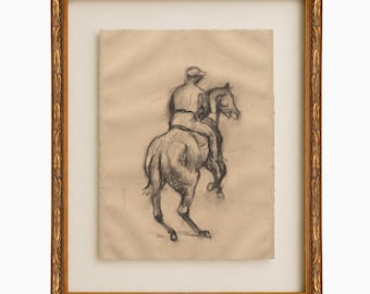 Reproduction encadrée d'une œuvre d'art western représentant un cheval de cowboy, format 20 x 25 cm, bord frangé, montée sur support flottant. Décoration murale style ranch équestre.