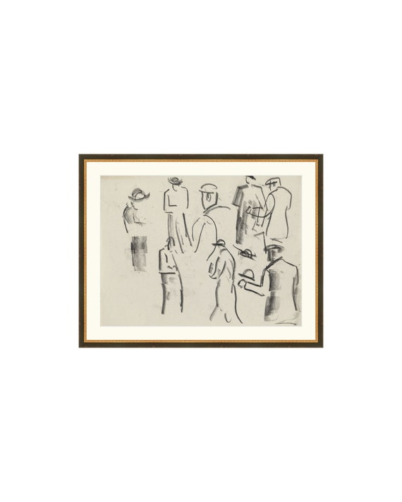 FRAMED. Crowd. Vintage Still Life Crowd Sketch. People Drawing. Framed Vintage Sketch Art. Antique Traditional Wall Art Framed.