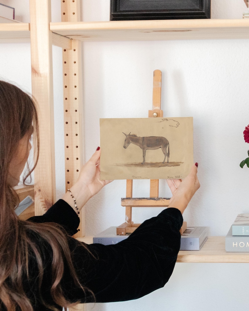 Puede incluir: Una persona sosteniendo un dibujo enmarcado de un burro en un caballete de madera. El dibujo est&aacute; sobre un fondo beige con un burro marr&oacute;n en el centro. El caballete est&aacute; en un estante de madera con libros y otros objetos.