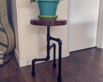 Plant Stand - Irene - Steel Pipe Plant Stand With Reclaimed Wooden Top