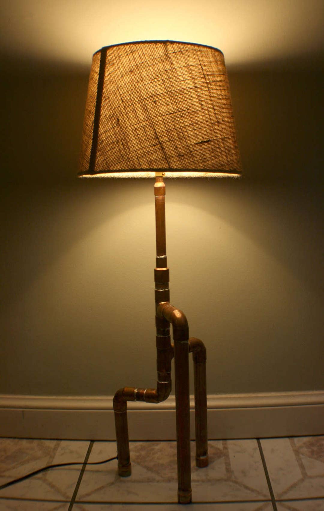 Recycled Copper Pipe Table Lamp Burlap Shade Etsy