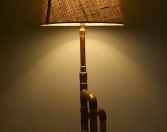 Recycled Copper Pipe Table Lamp - Burlap Shade