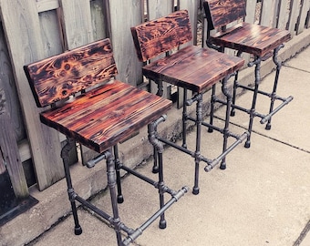 Custom Bar Stool - The Damon - Charred Finish and Black Pipe Legs