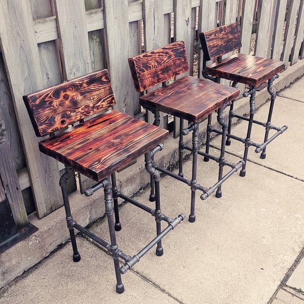 Custom Bar Stool - The Damon - Charred Finish and Black Pipe Legs