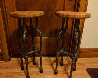 Oak and Cherry Pipe Bar Stools